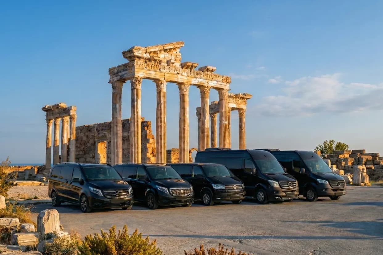Private MovXtra transfer fleet at golden hour by the Side temple ruins